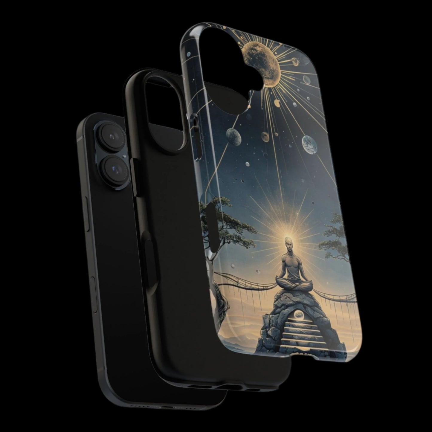 Phone Case Futuristic Meditating Figure in Cosmic Elements at Twilight – Sci-Fi Artwork