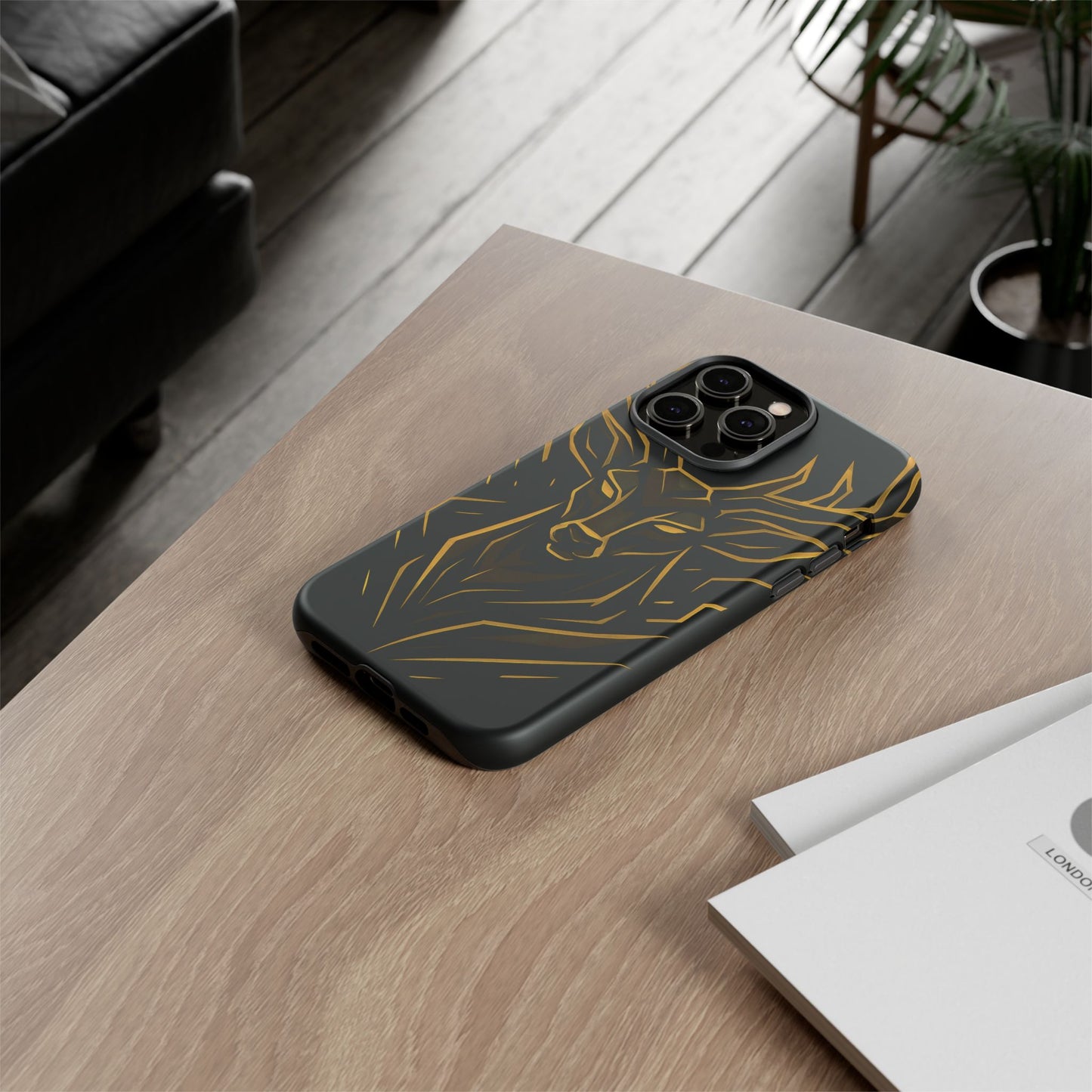 Phone Case with Black and Gold Deer Design – Elegant & Sophisticated Style