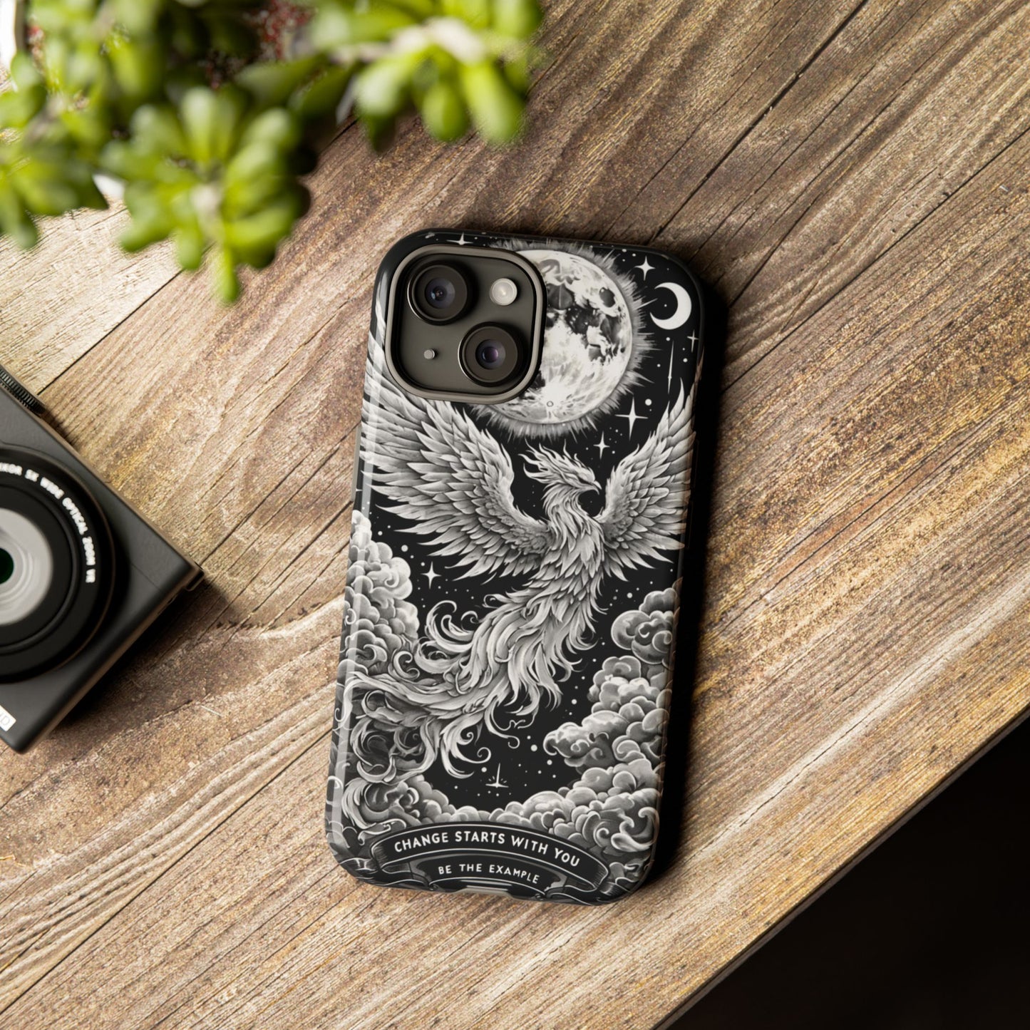 Phoenix Art iPhone Case – 'Change Starts With You' – Black & White Design