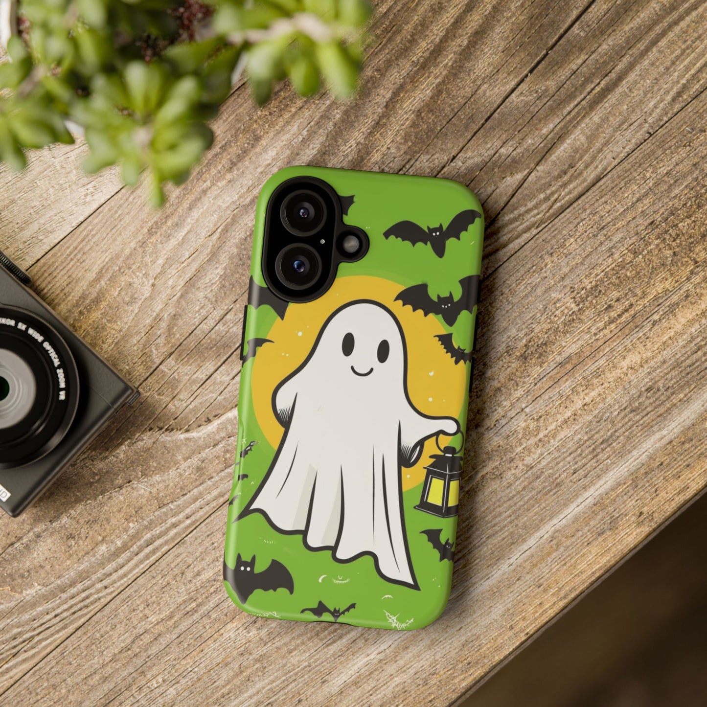 Cute Halloween Ghost Phone Case with Bats and Lantern – Perfect for Spooky Season