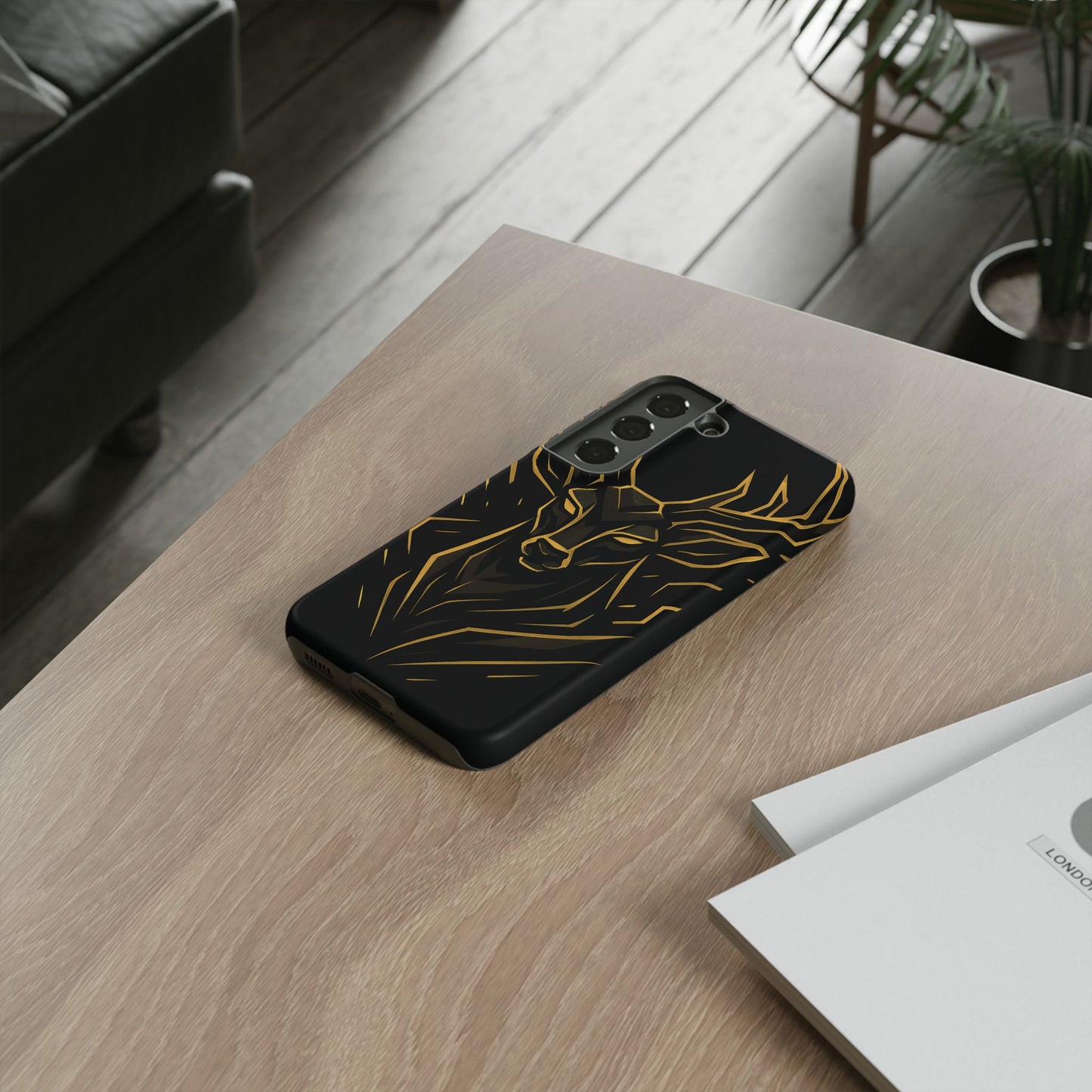 Phone Case with Black and Gold Deer Design – Elegant & Sophisticated Style