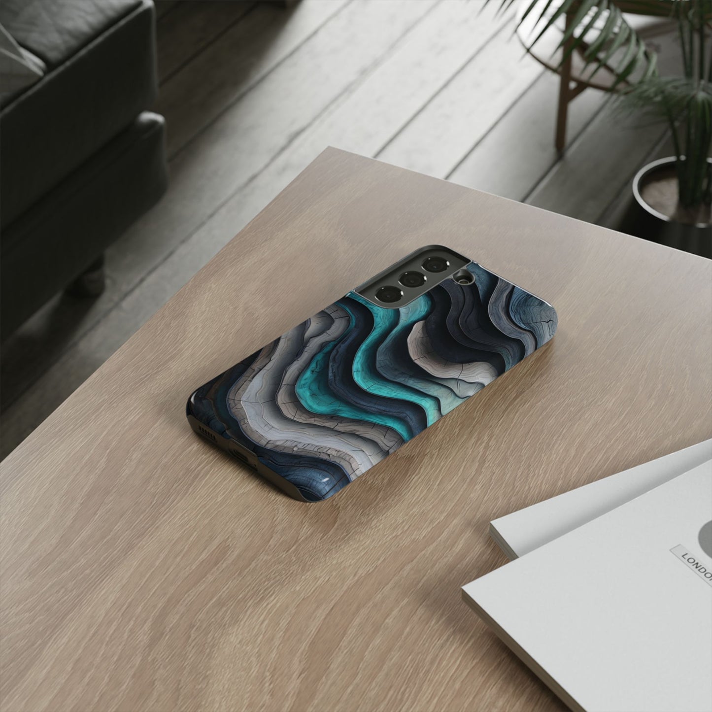 Phone Case Blue & Grey Woodgrain Wave – Artistic iPhone & Samsung Cover
