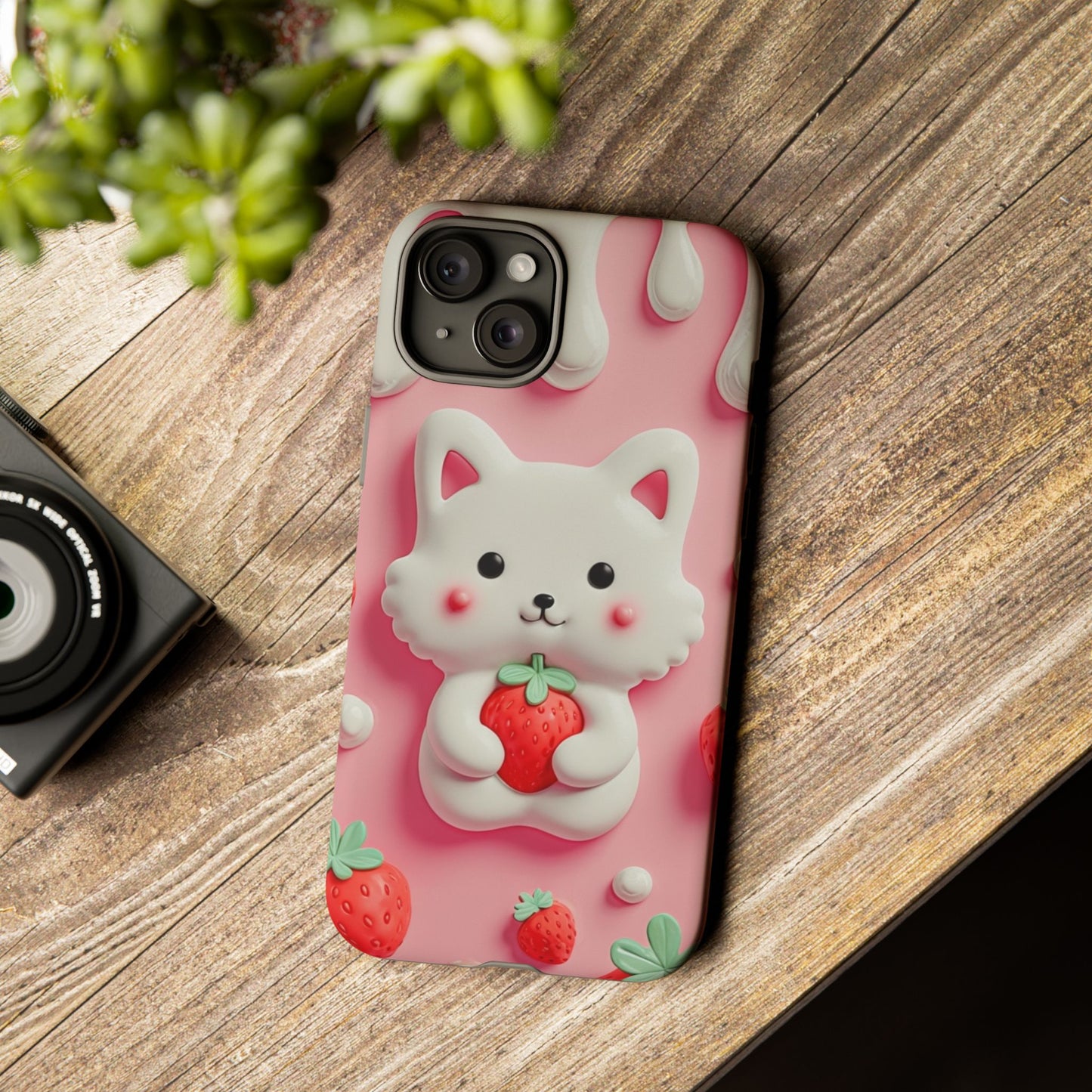 Adorable Cat Phone Case – Pink with Strawberry Design