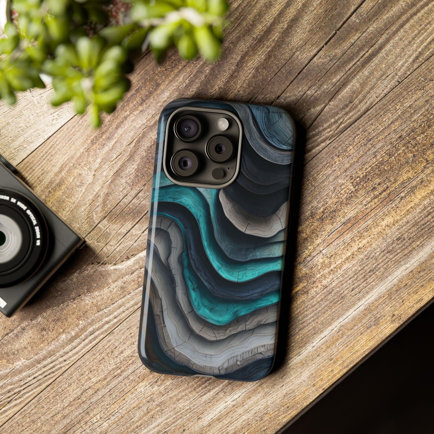 Phone Case Blue & Grey Woodgrain Wave – Artistic iPhone & Samsung Cover