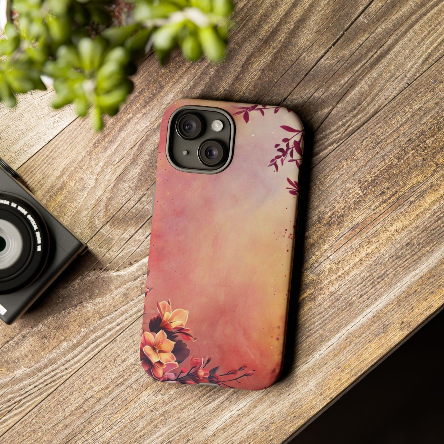 Watercolor Floral Phone Case - Pink Orange Gradient iPhone Cover - Botanical Art Protection