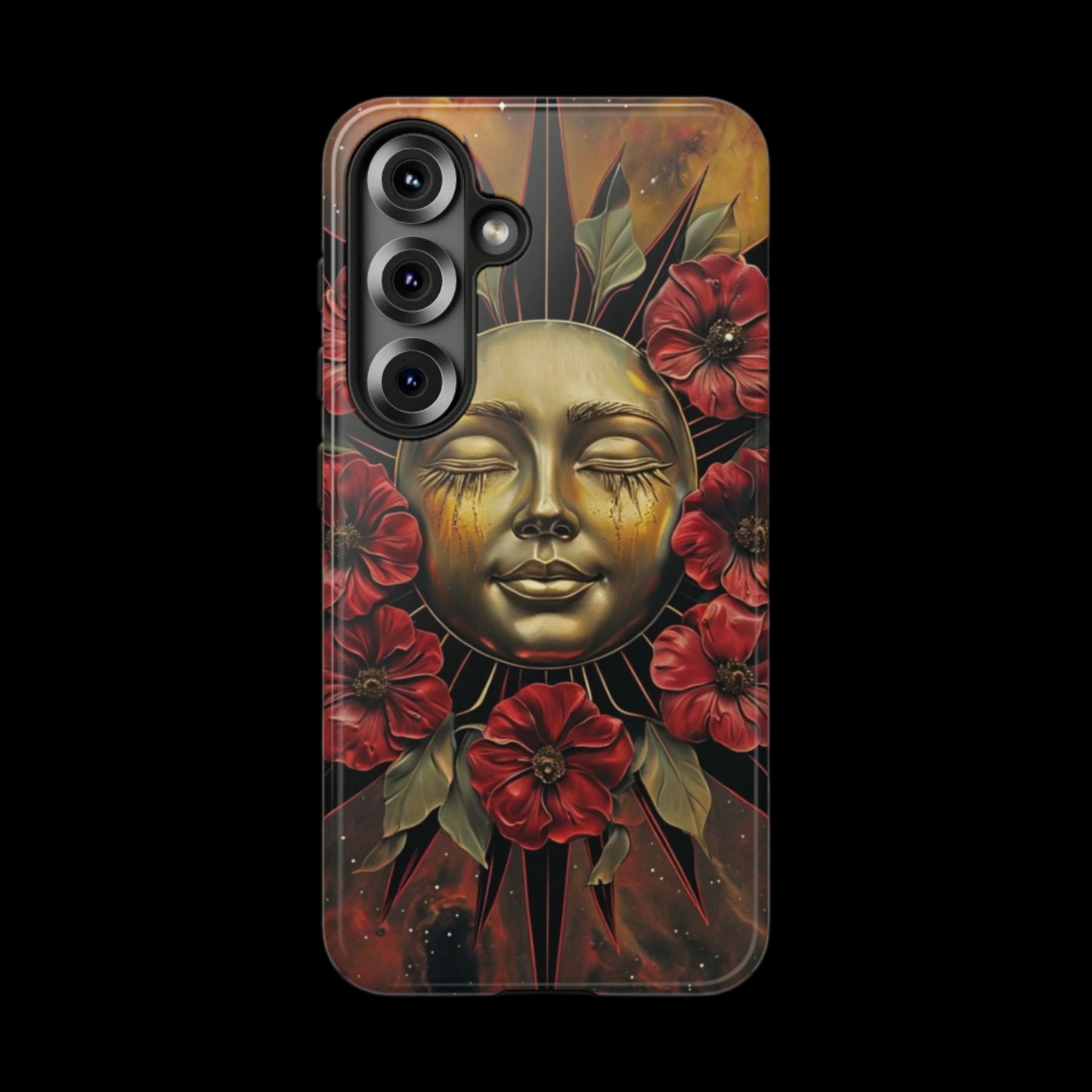 Phone Case Surreal Metallic Sun Face with Dark Red Flowers- Unique Modern Art Design