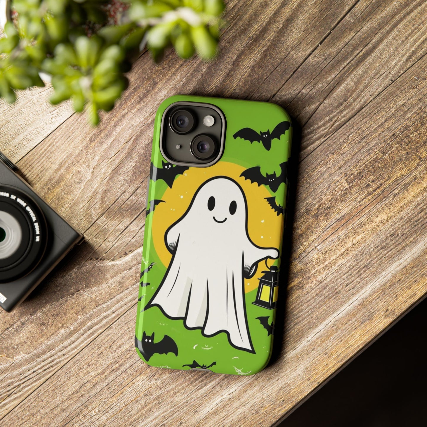 Cute Halloween Ghost Phone Case with Bats and Lantern – Perfect for Spooky Season