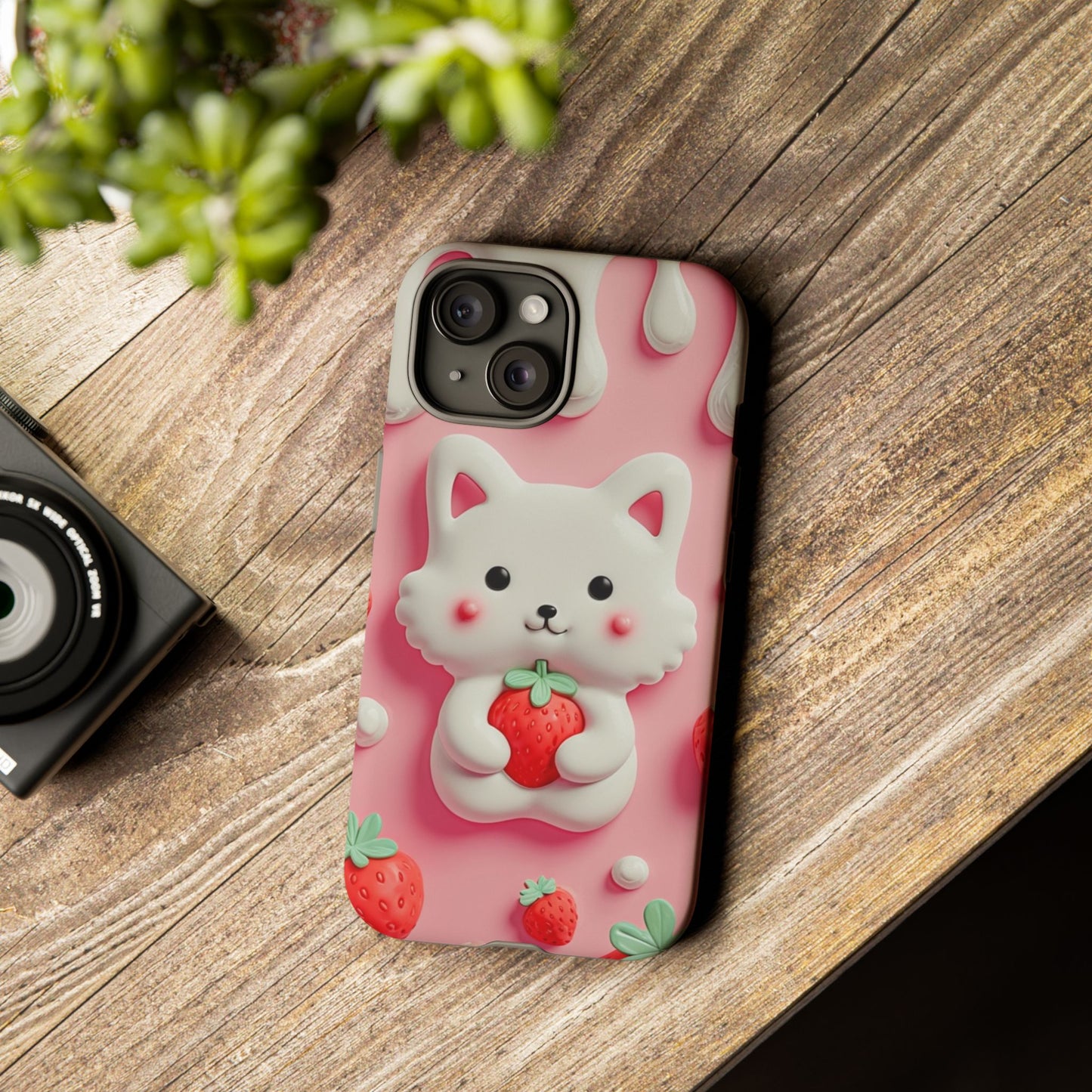 Adorable Cat Phone Case – Pink with Strawberry Design