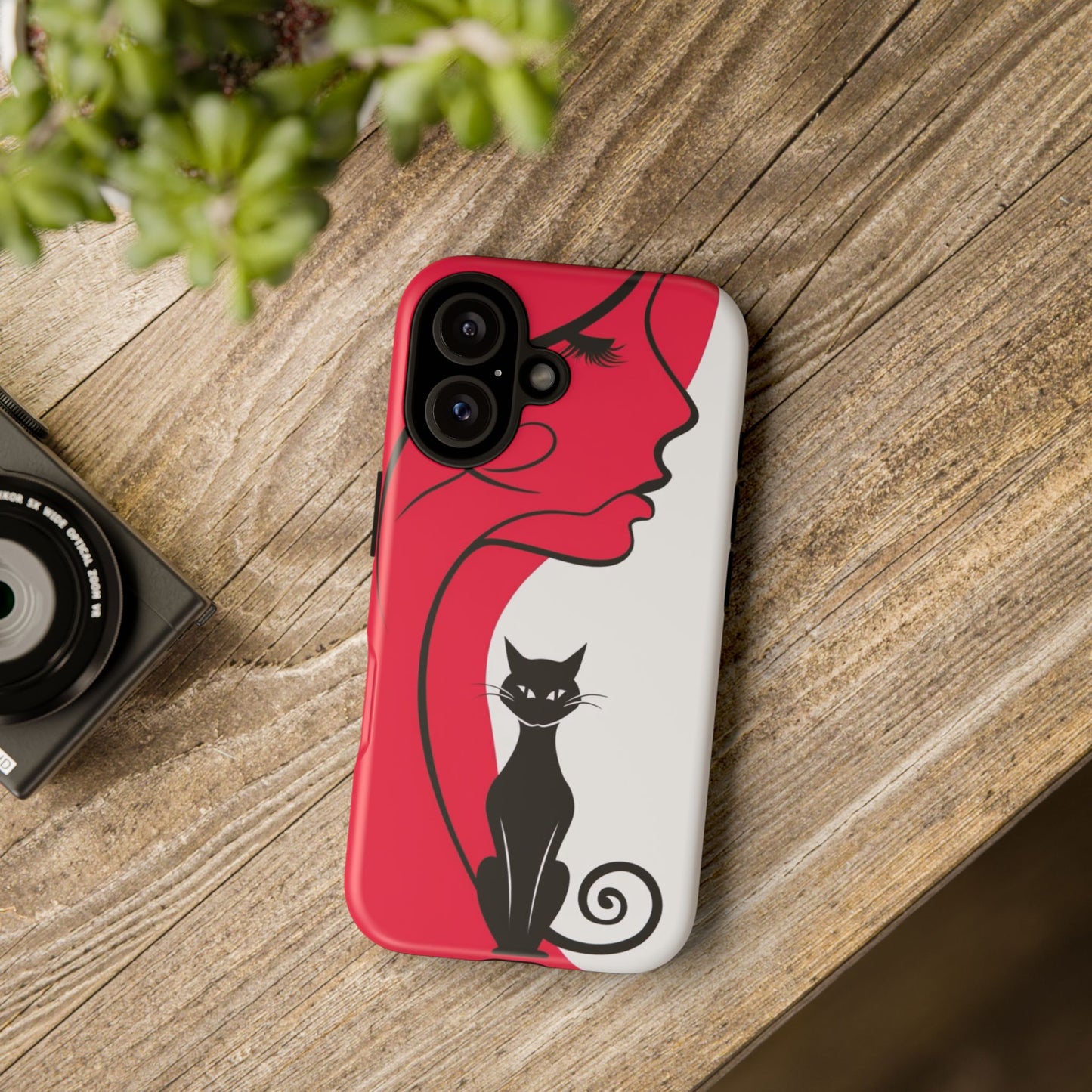Phone Case with Artistic Woman & Black Cat Design – Stylish and Protective