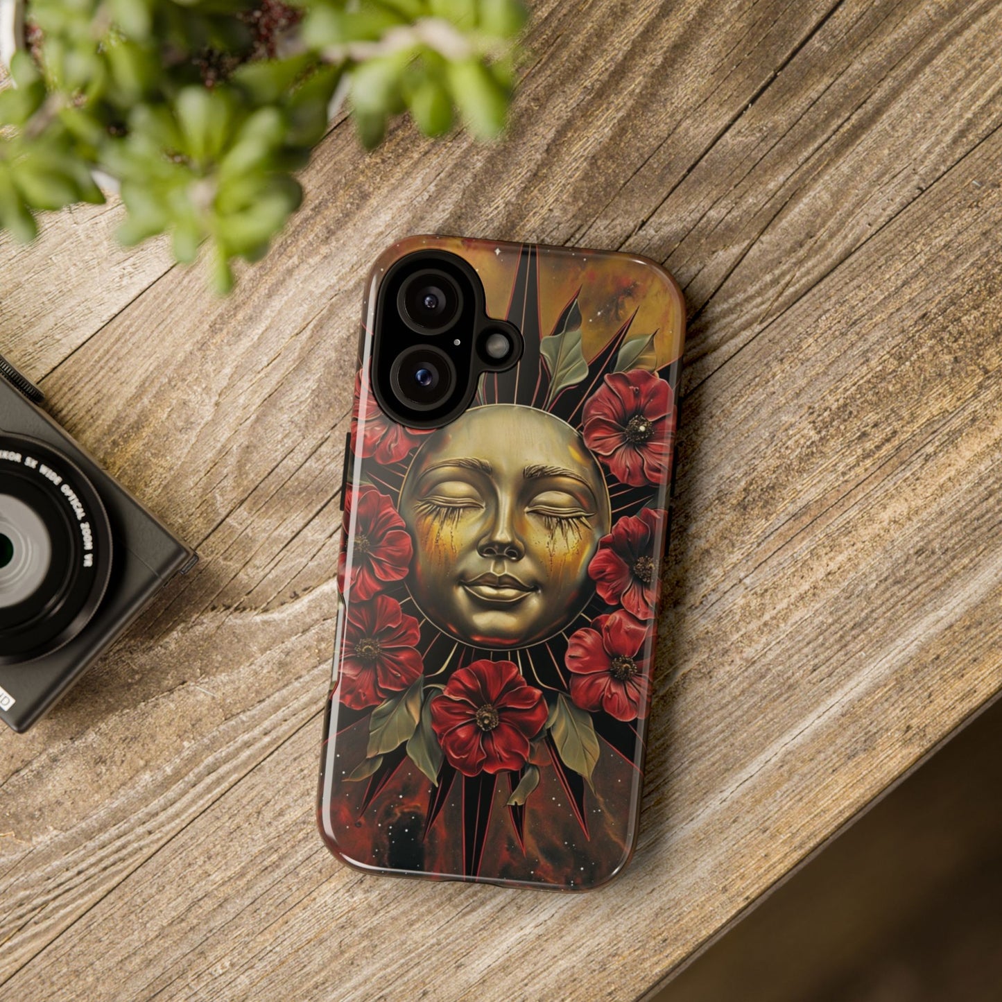 Phone Case Surreal Metallic Sun Face with Dark Red Flowers- Unique Modern Art Design