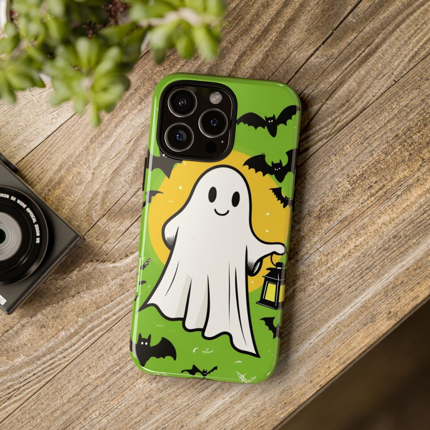 Cute Halloween Ghost Phone Case with Bats and Lantern – Perfect for Spooky Season