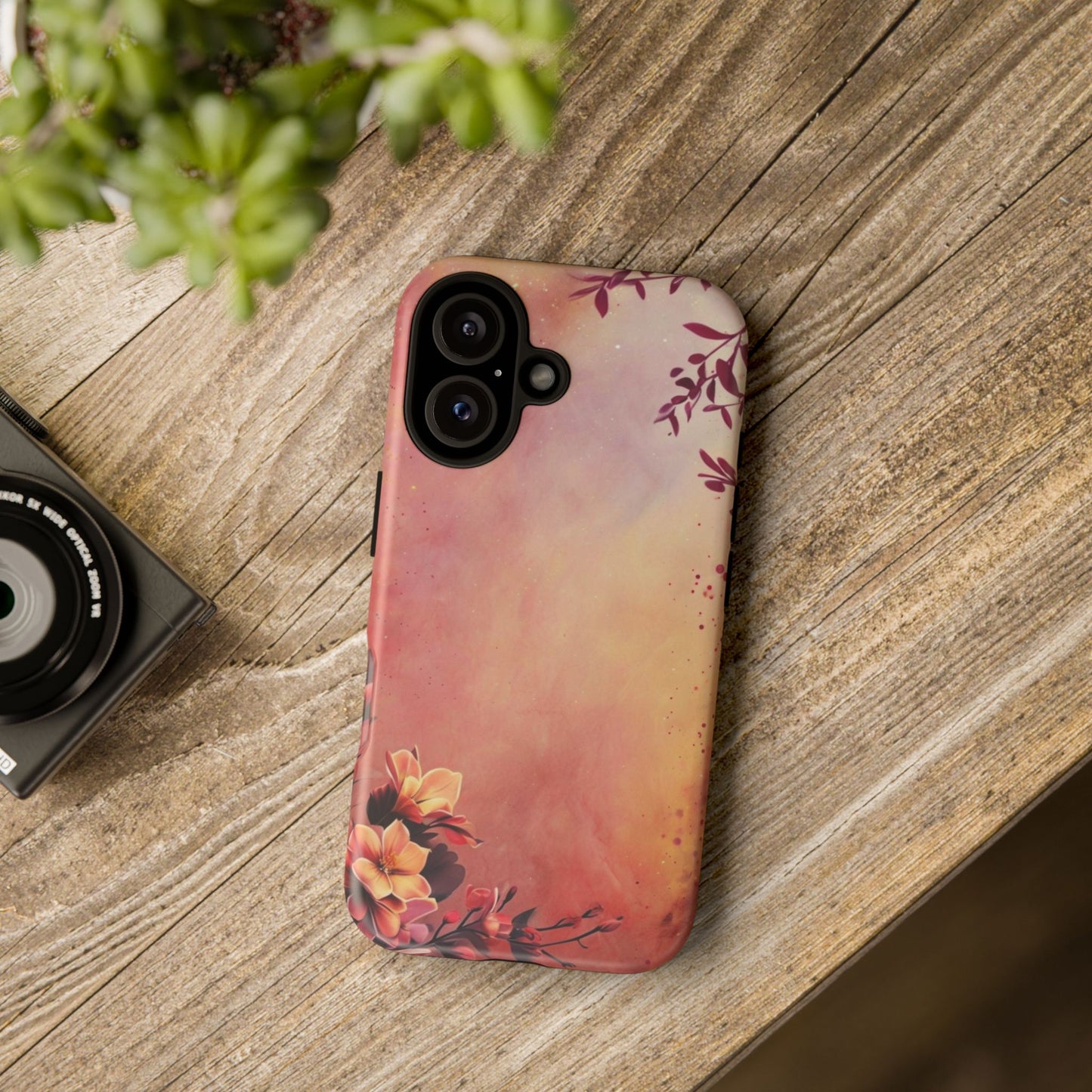 Watercolor Floral Phone Case - Pink Orange Gradient iPhone Cover - Botanical Art Protection