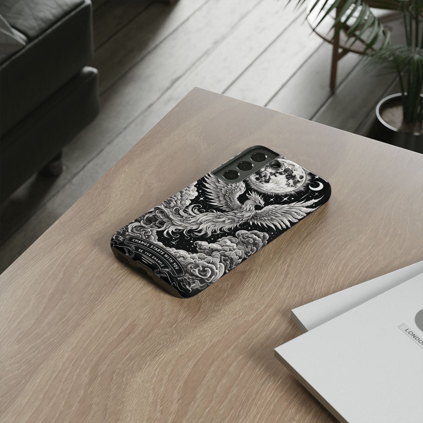 Phoenix Art iPhone Case – 'Change Starts With You' – Black & White Design