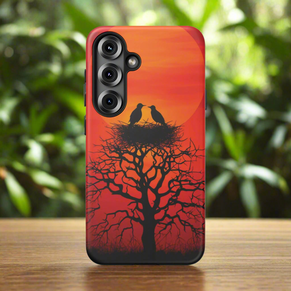 Phone Case Two Birds on a Nest - Red Sunset Background - Nature Wall Art - Romantic Bird Scene