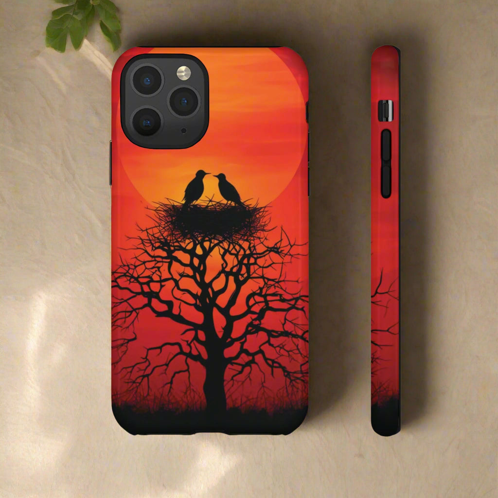 Phone Case Two Birds on a Nest - Red Sunset Background - Nature Wall Art - Romantic Bird Scene
