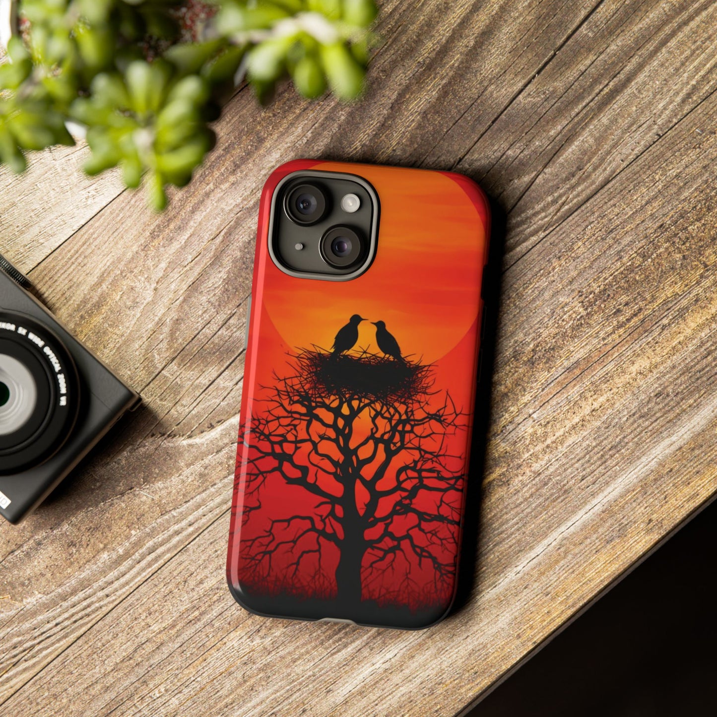Phone Case Two Birds on a Nest - Red Sunset Background - Nature Wall Art - Romantic Bird Scene