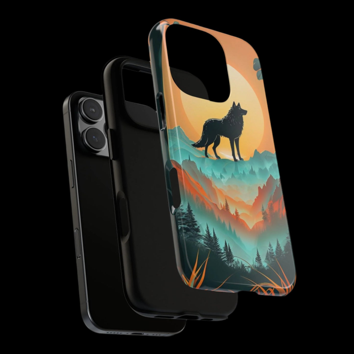 Phone Case Sunset Wolf Silhouette & Tropical Landscape – Artistic Protection