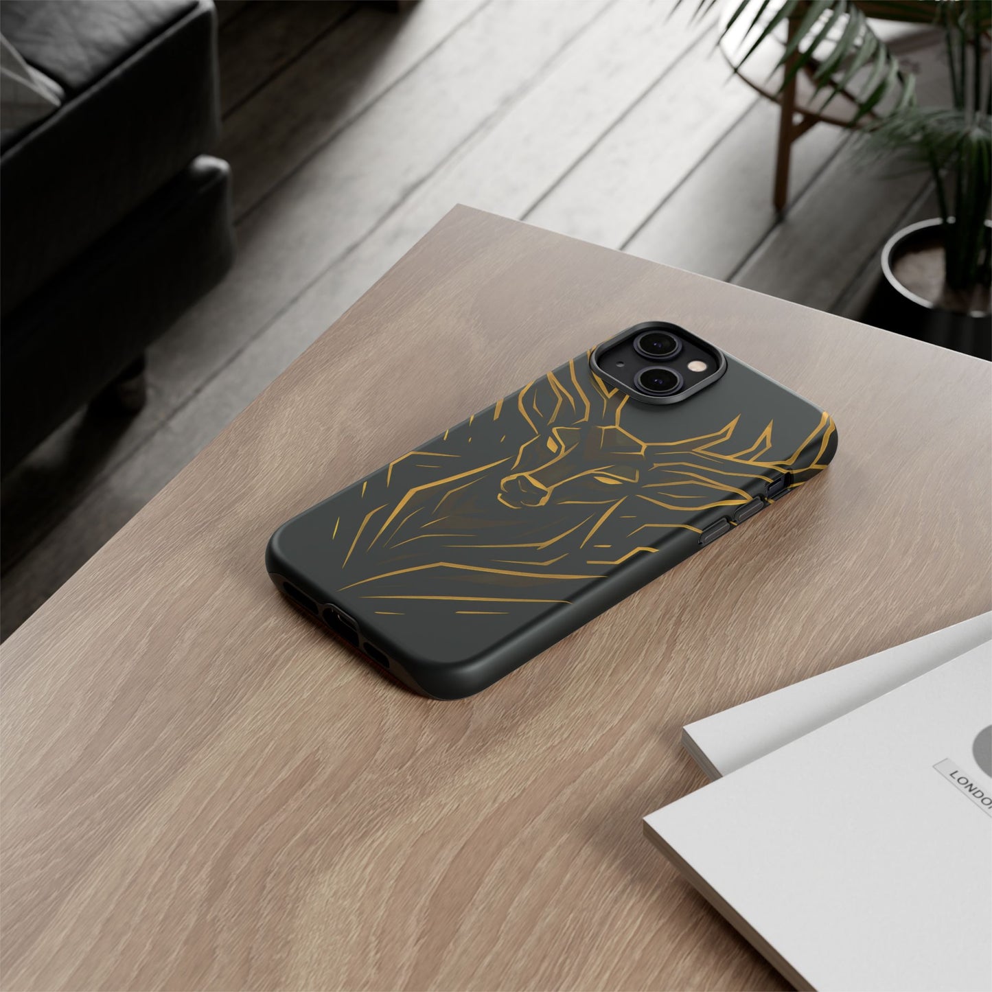 Phone Case with Black and Gold Deer Design – Elegant & Sophisticated Style