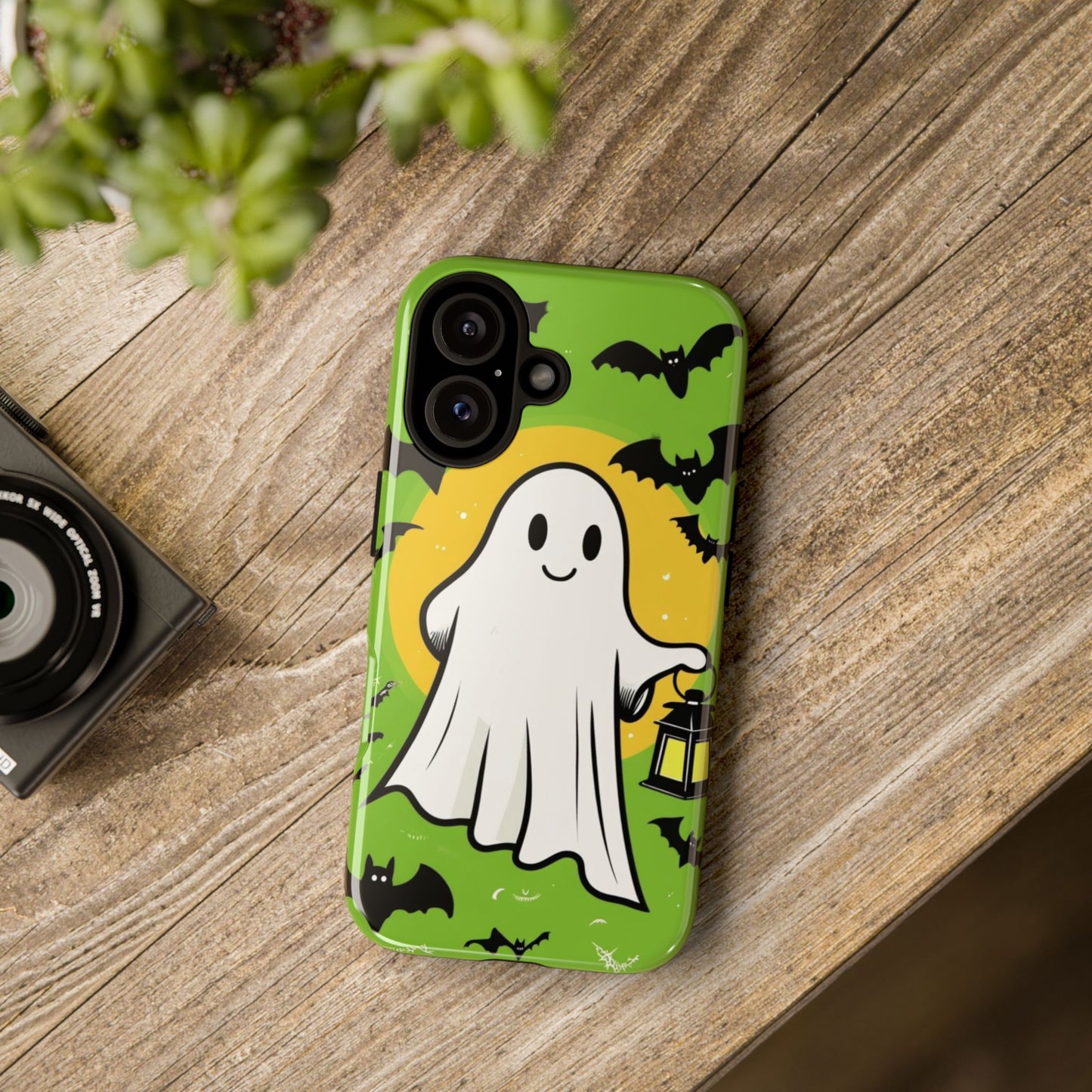 Cute Halloween Ghost Phone Case with Bats and Lantern – Perfect for Spooky Season