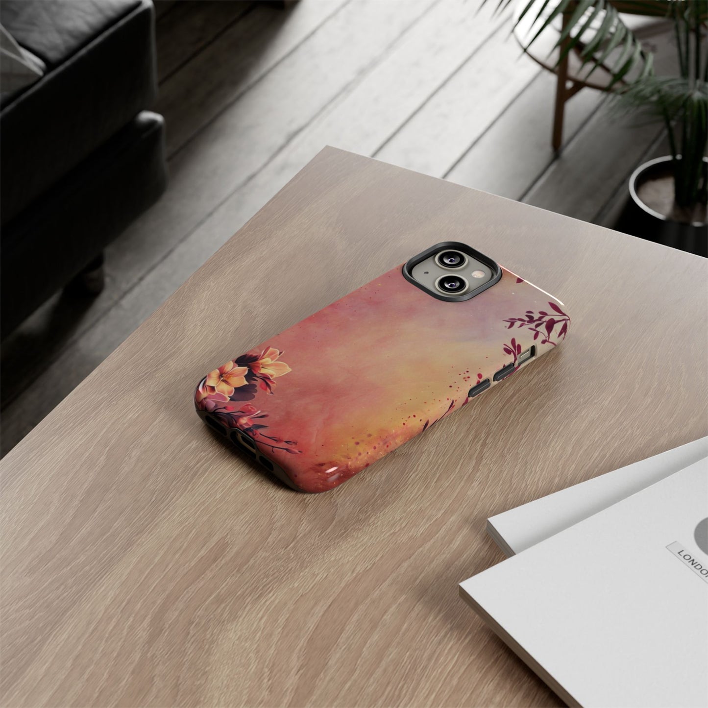 Watercolor Floral Phone Case - Pink Orange Gradient iPhone Cover - Botanical Art Protection