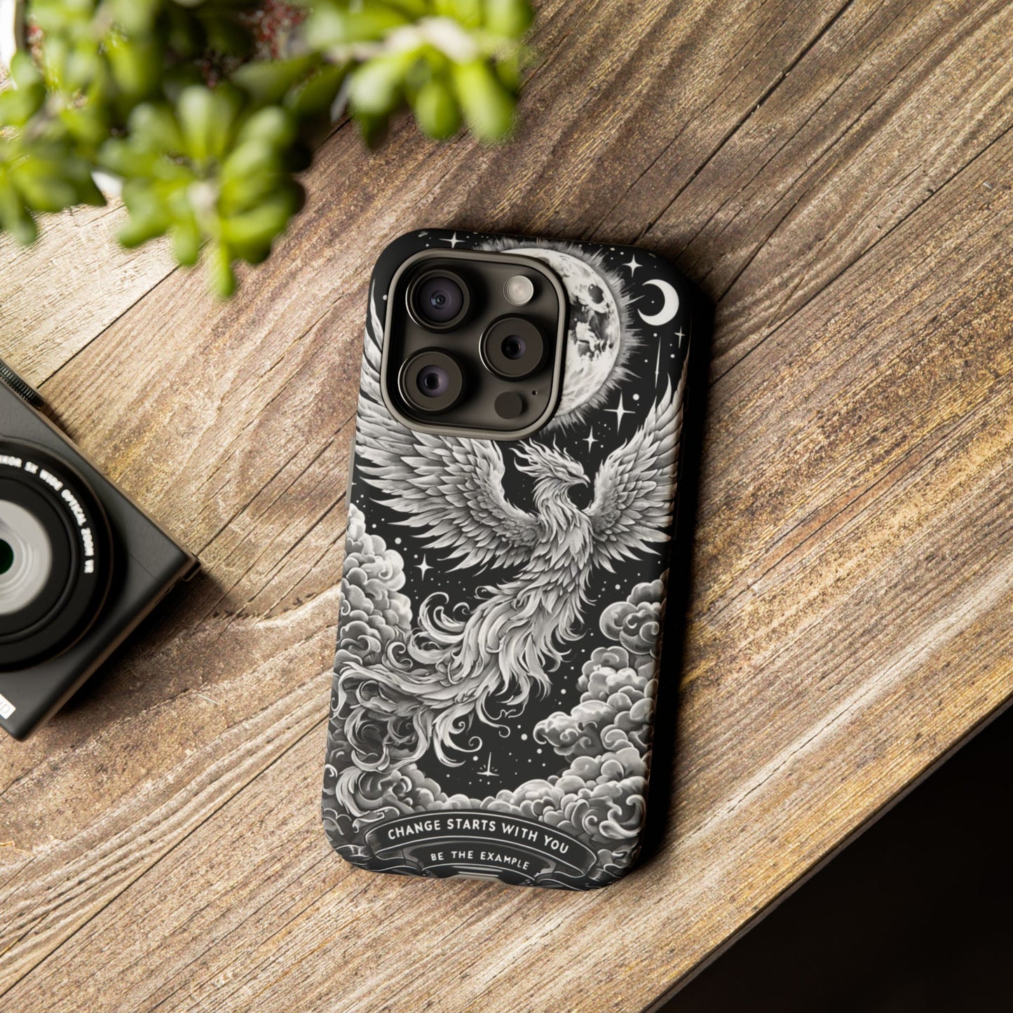 Phoenix Art iPhone Case – 'Change Starts With You' – Black & White Design