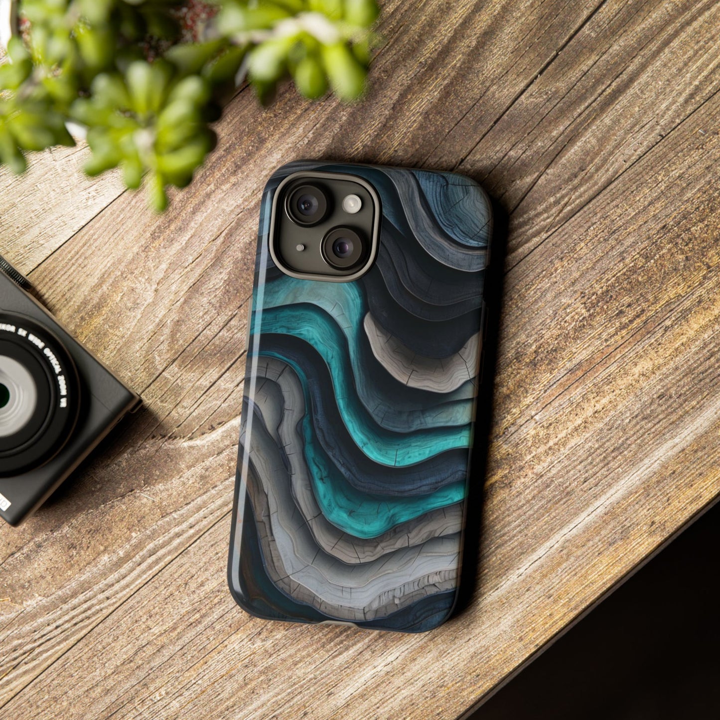 Phone Case Blue & Grey Woodgrain Wave – Artistic iPhone & Samsung Cover