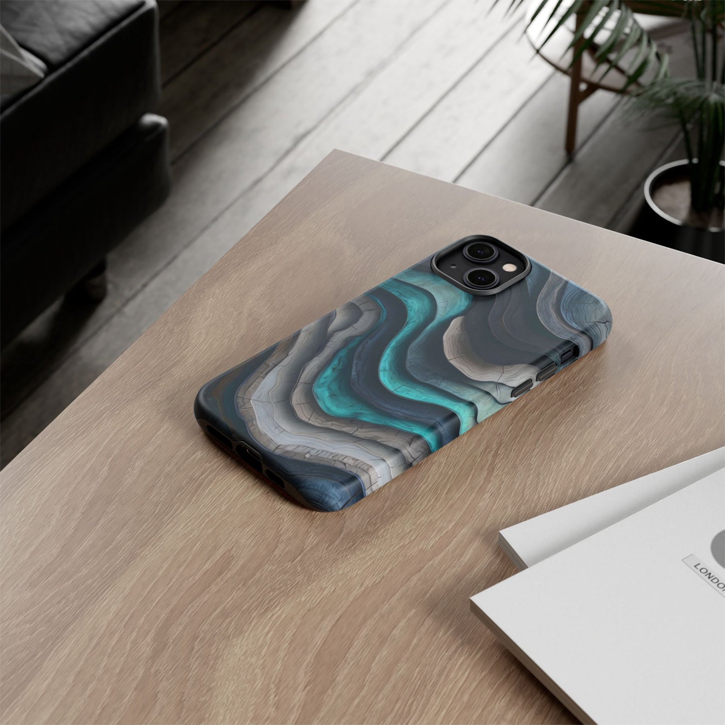 Phone Case Blue & Grey Woodgrain Wave – Artistic iPhone & Samsung Cover