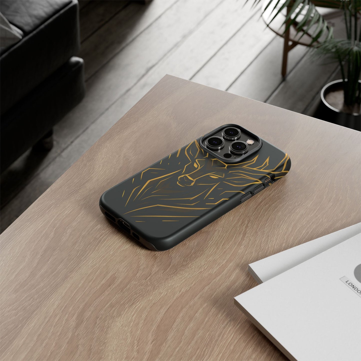 Phone Case with Black and Gold Deer Design – Elegant & Sophisticated Style