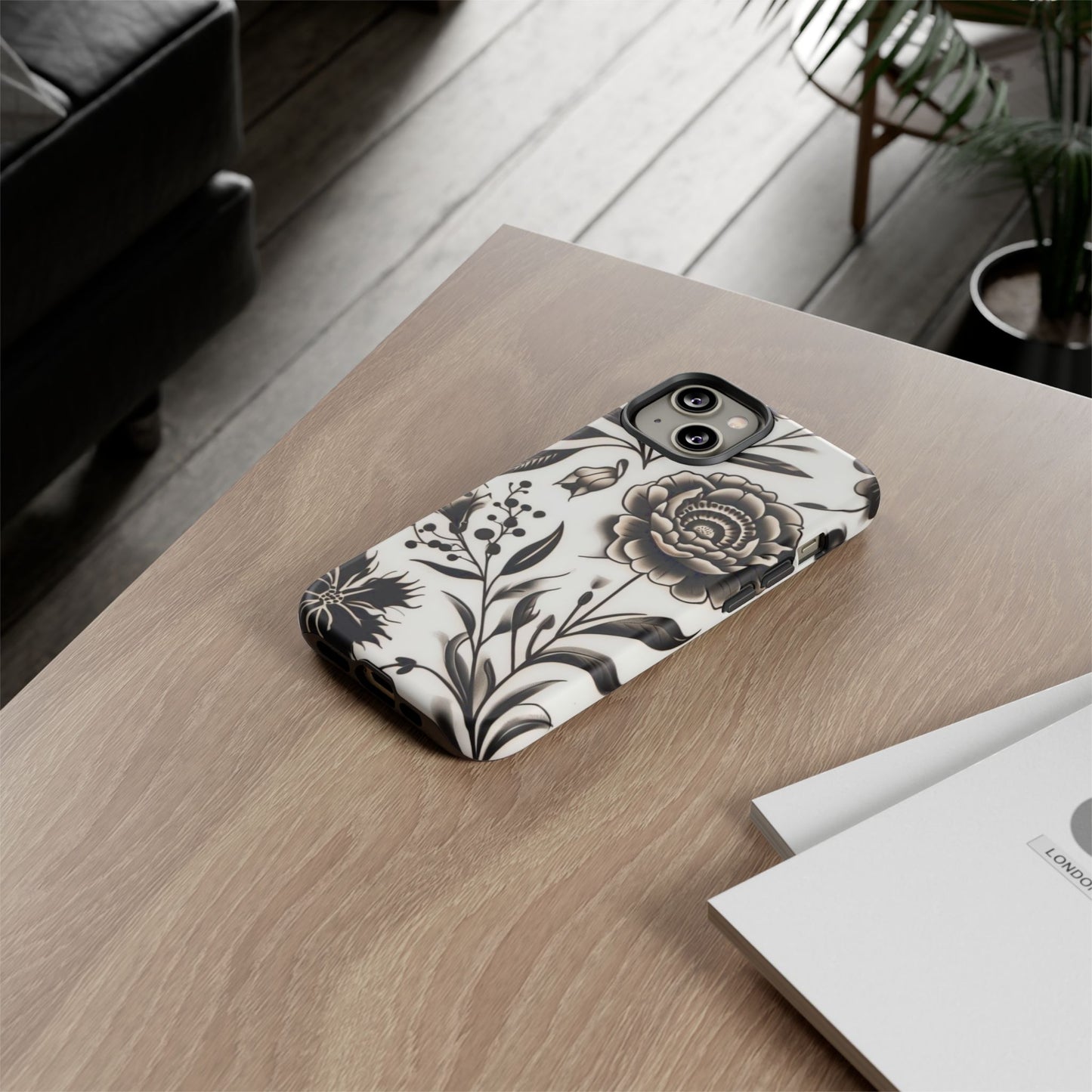 Phone Case Elegant Black and White Floral – Stylish Protection for iPhone 12/16 and Samsung 22/25