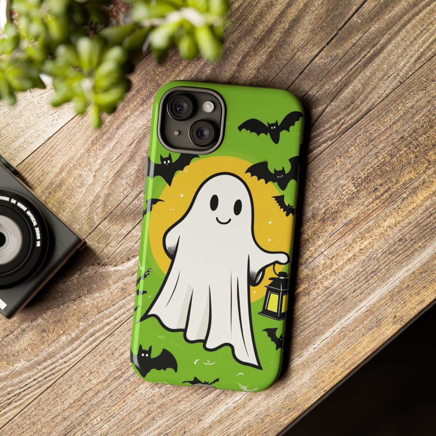 Cute Halloween Ghost Phone Case with Bats and Lantern – Perfect for Spooky Season