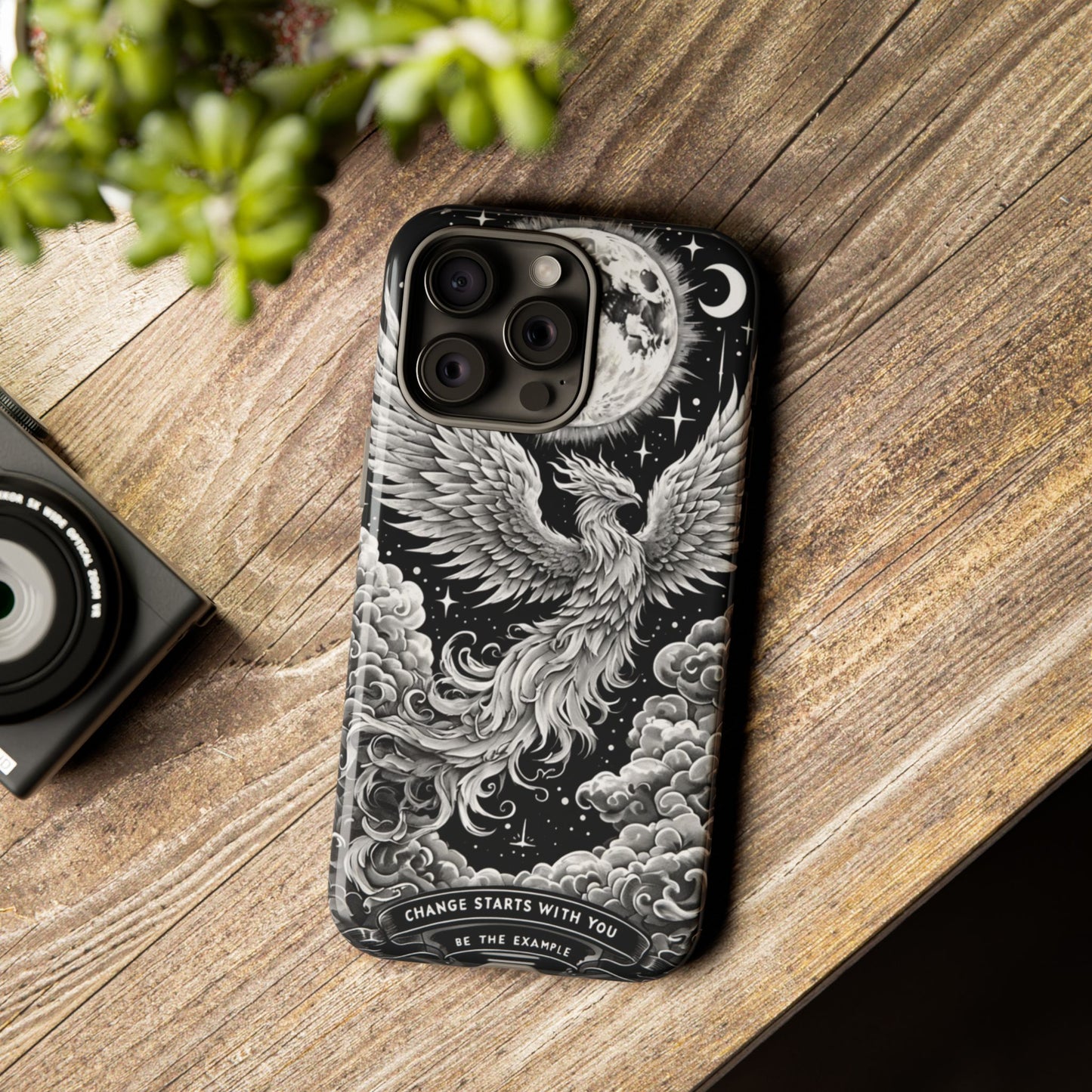 Phoenix Art iPhone Case – 'Change Starts With You' – Black & White Design