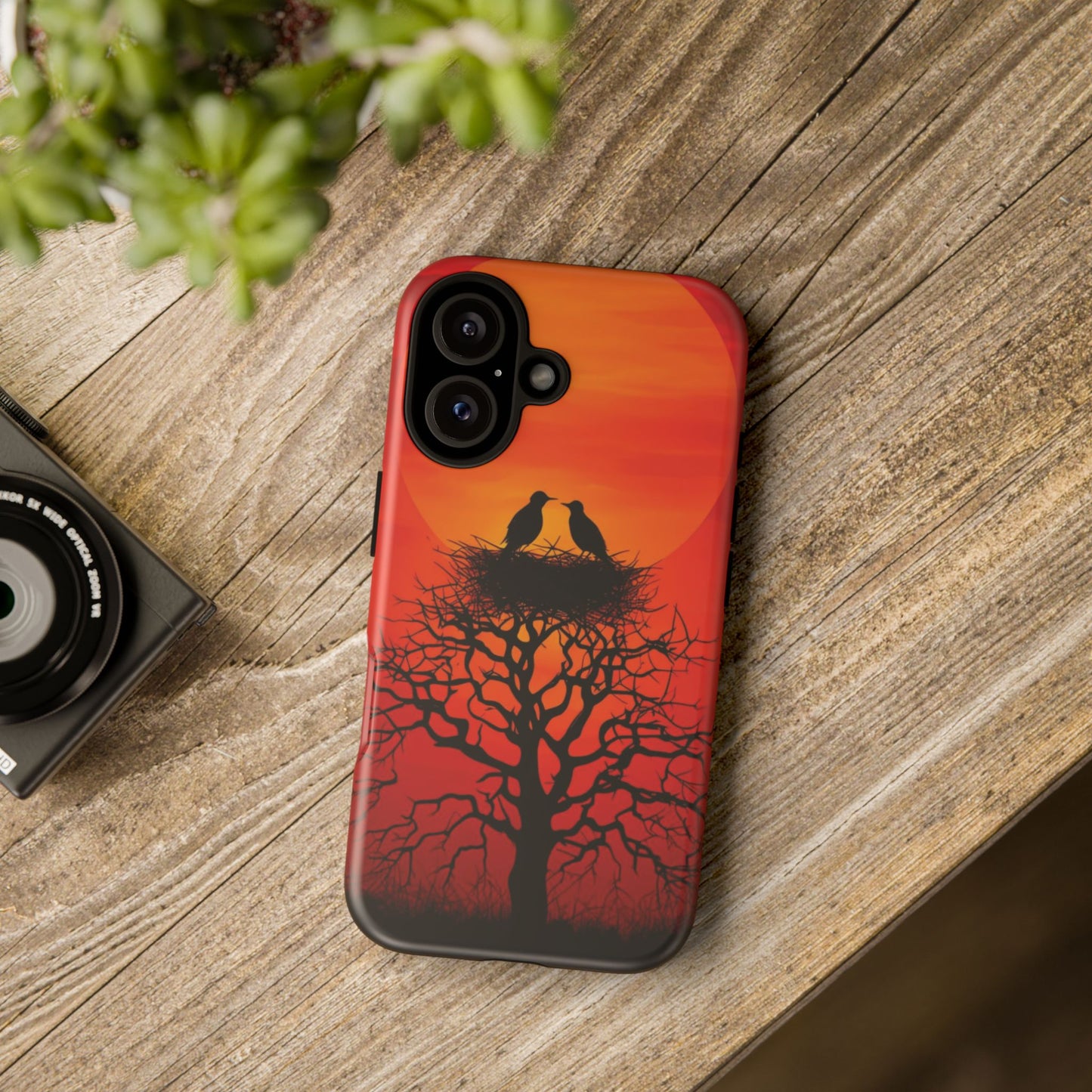 Phone Case Two Birds on a Nest - Red Sunset Background - Nature Wall Art - Romantic Bird Scene