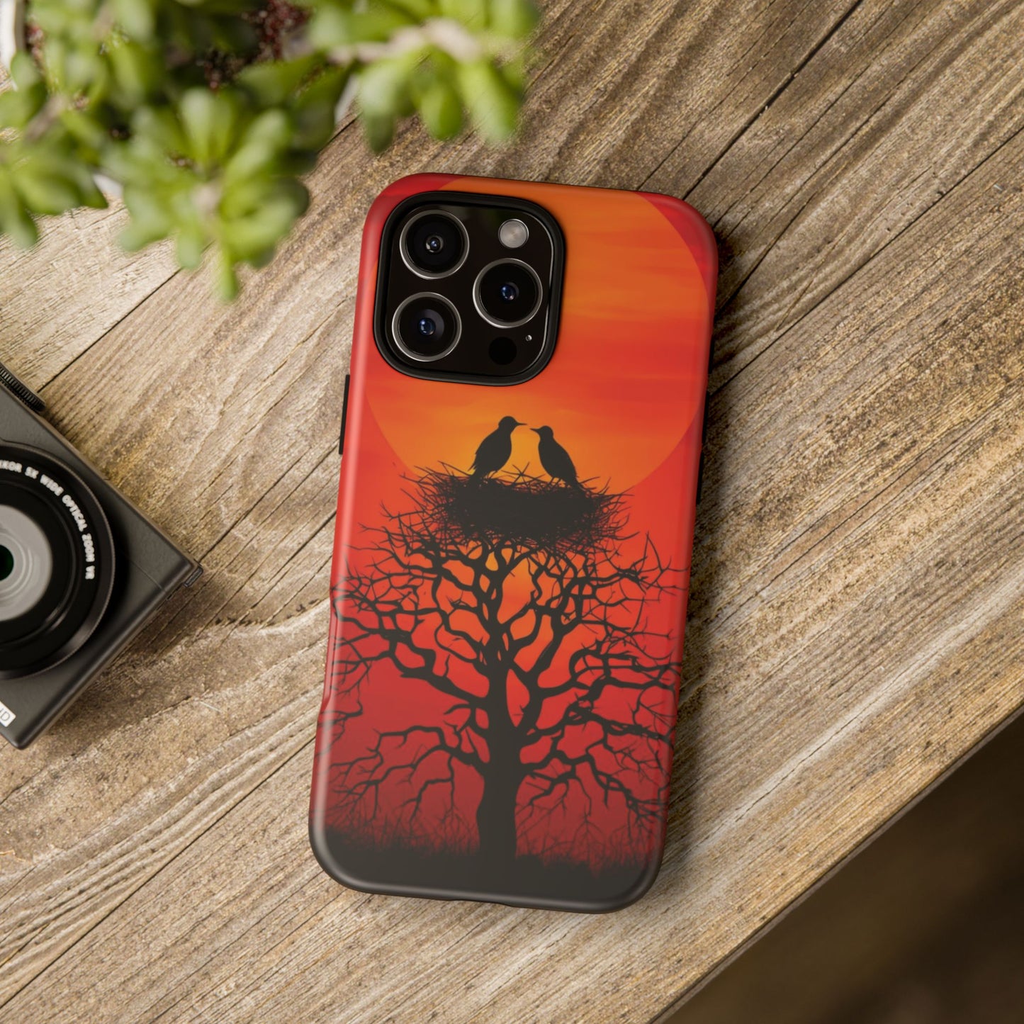 Phone Case Two Birds on a Nest - Red Sunset Background - Nature Wall Art - Romantic Bird Scene