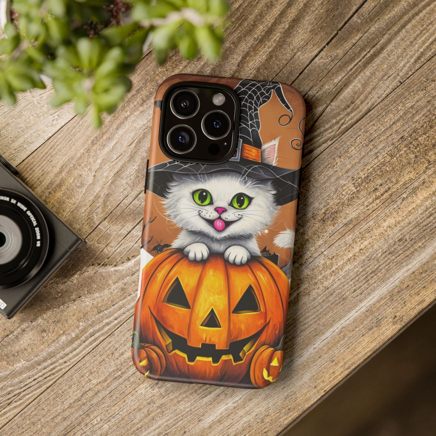 Halloween Cat Phone Case – Spooky Cute Cover with Witch Hat & Pumpkin Design
