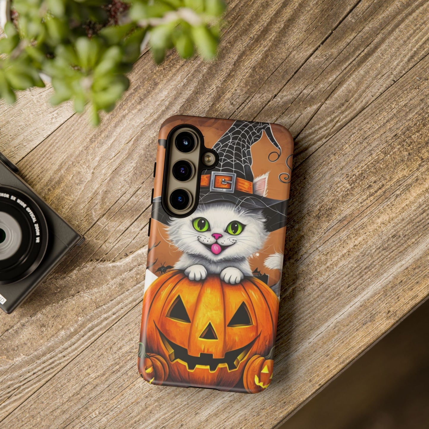 Halloween Cat Phone Case – Spooky Cute Cover with Witch Hat & Pumpkin Design