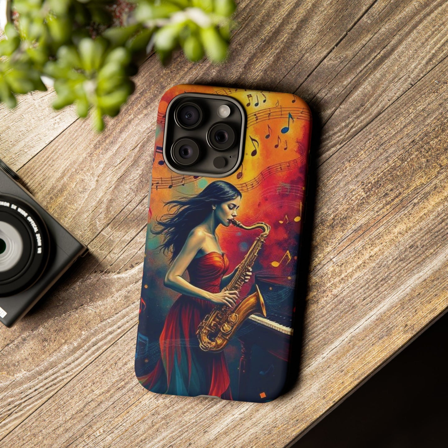 Phone Case Female Saxophonist – Elegant Jazz Illustration