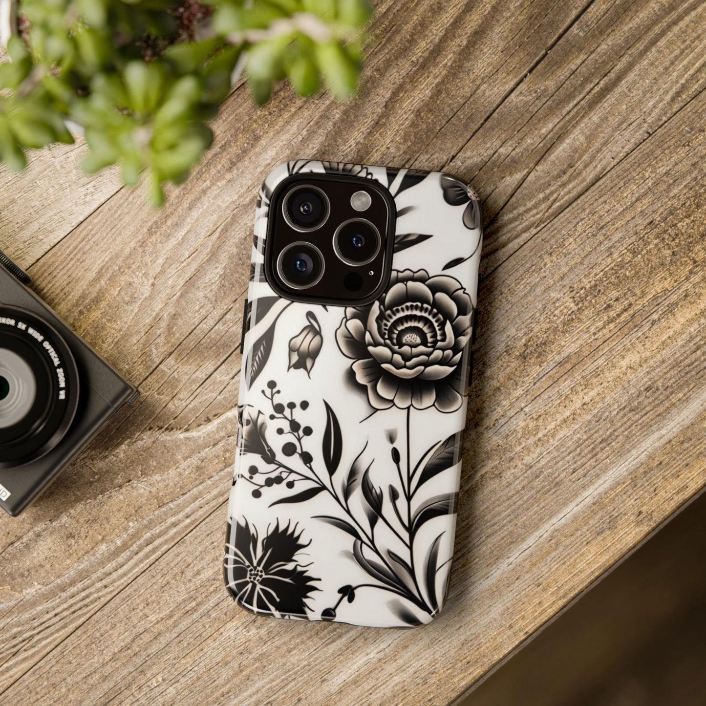 Phone Case Elegant Black and White Floral – Stylish Protection for iPhone 12/16 and Samsung 22/25