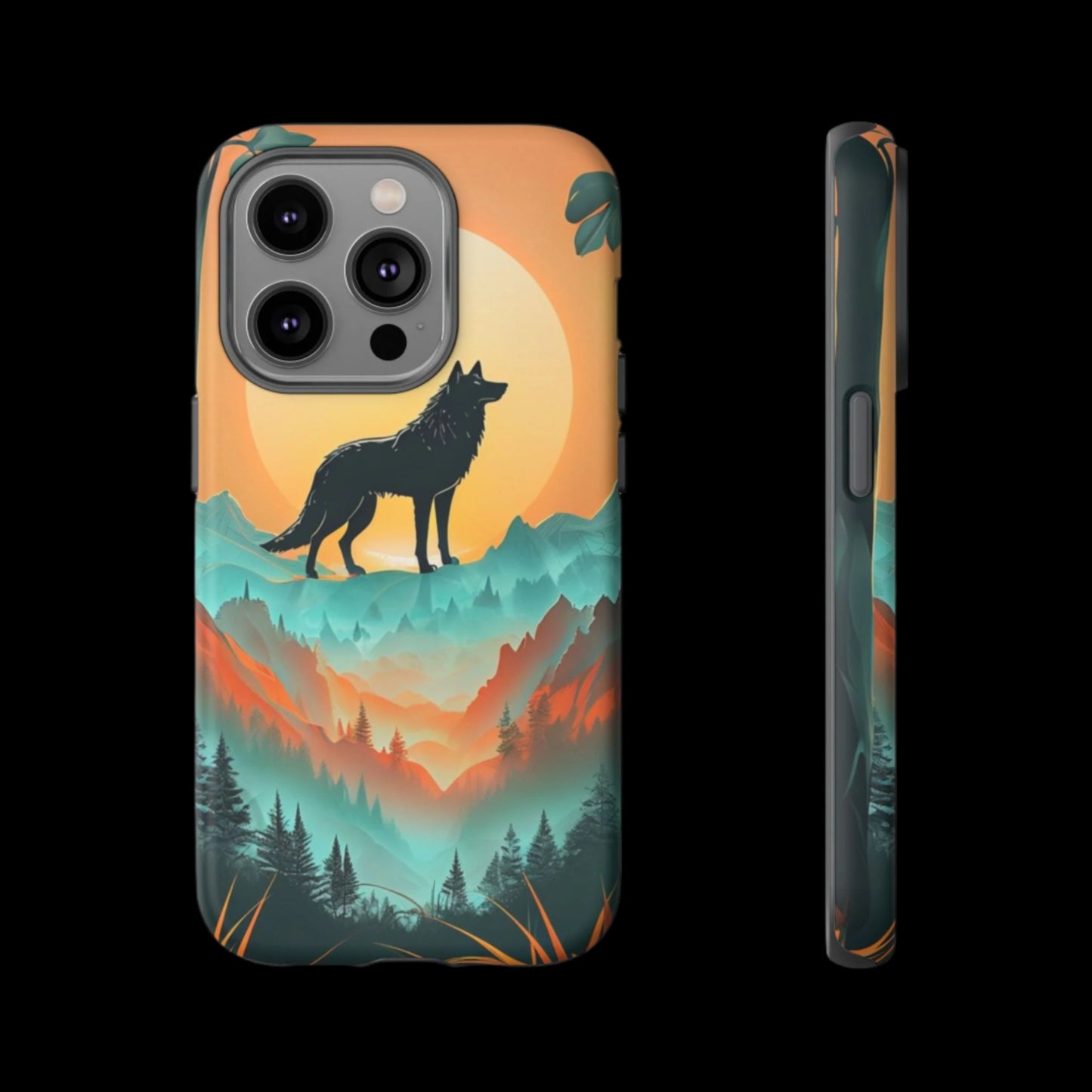 Phone Case Sunset Wolf Silhouette & Tropical Landscape – Artistic Protection
