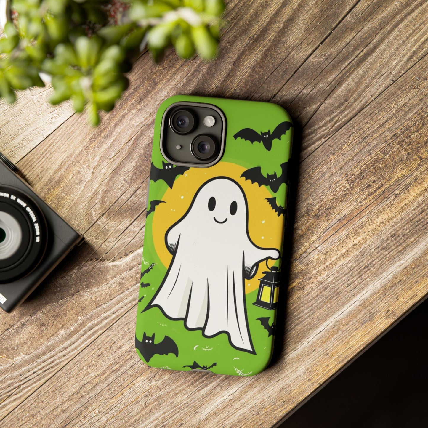 Cute Halloween Ghost Phone Case with Bats and Lantern – Perfect for Spooky Season