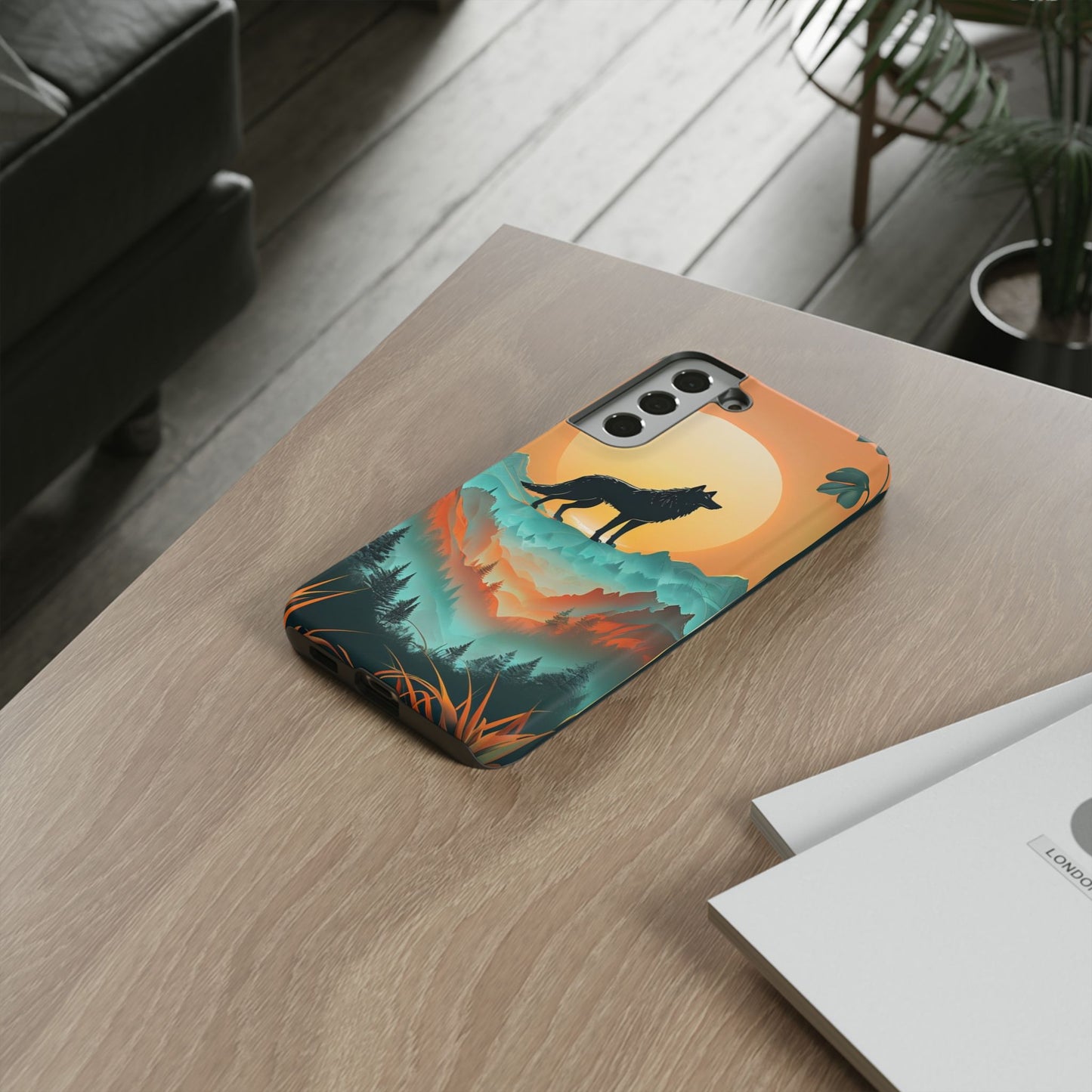 Phone Case Sunset Wolf Silhouette & Tropical Landscape – Artistic Protection