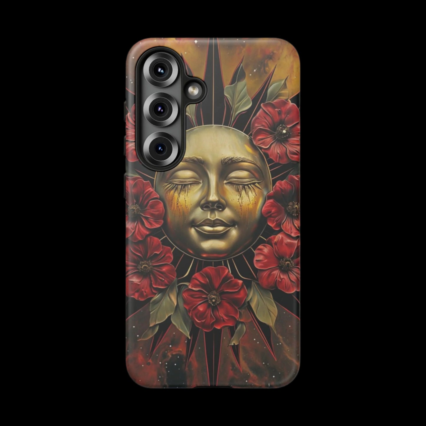 Phone Case Surreal Metallic Sun Face with Dark Red Flowers- Unique Modern Art Design