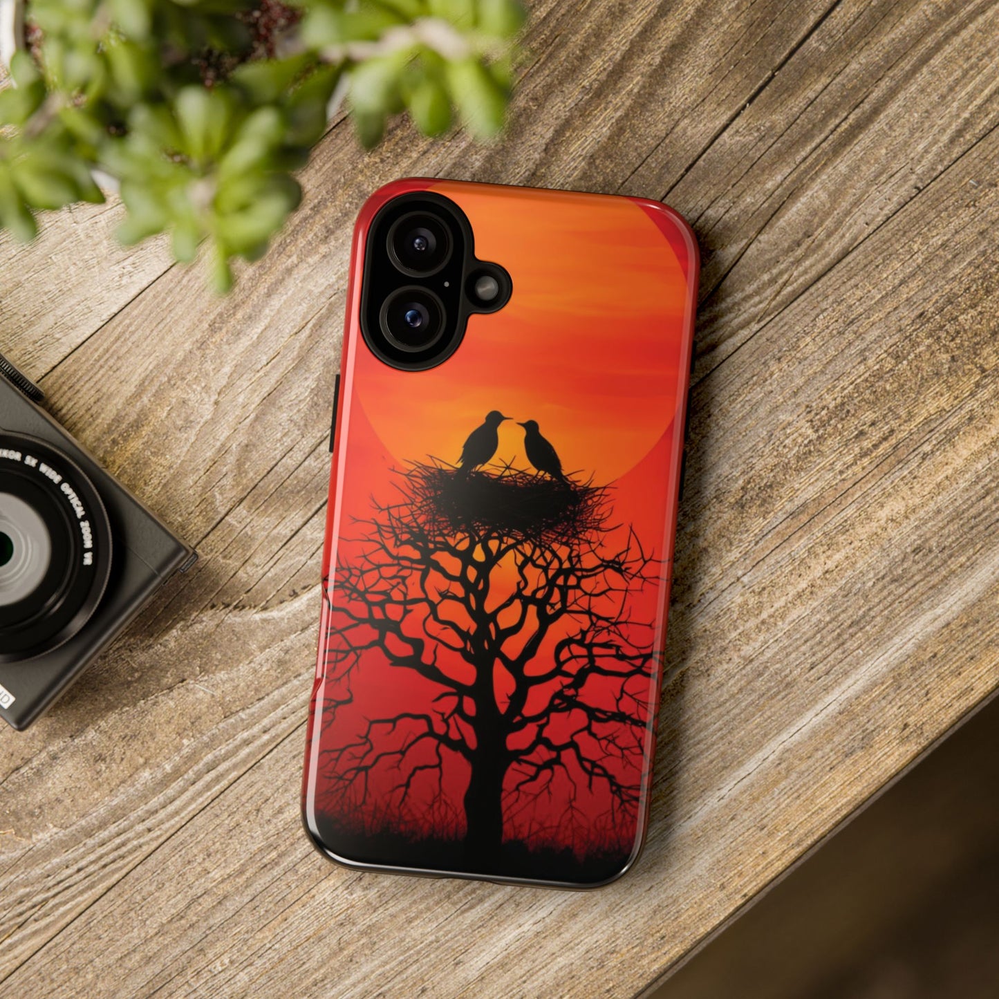 Phone Case Two Birds on a Nest - Red Sunset Background - Nature Wall Art - Romantic Bird Scene