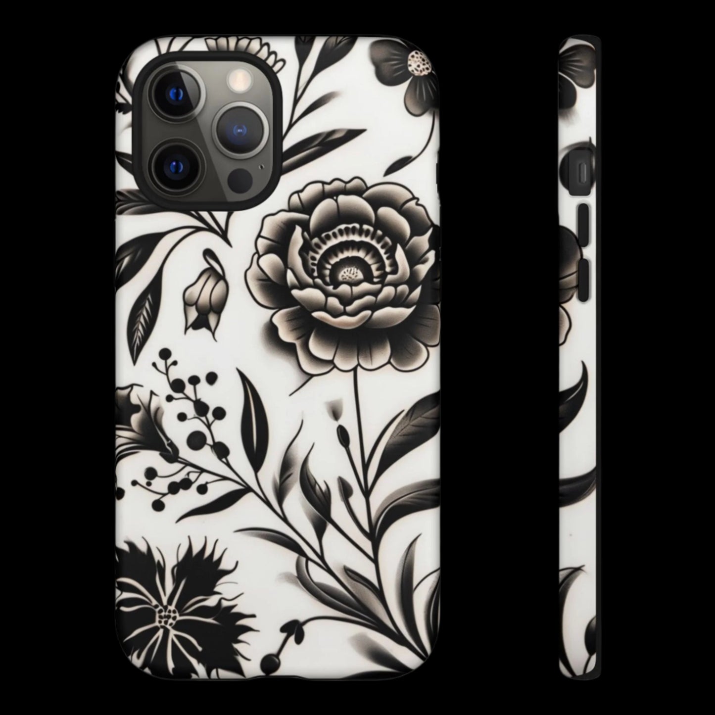 Phone Case Elegant Black and White Floral – Stylish Protection for iPhone 12/16 and Samsung 22/25