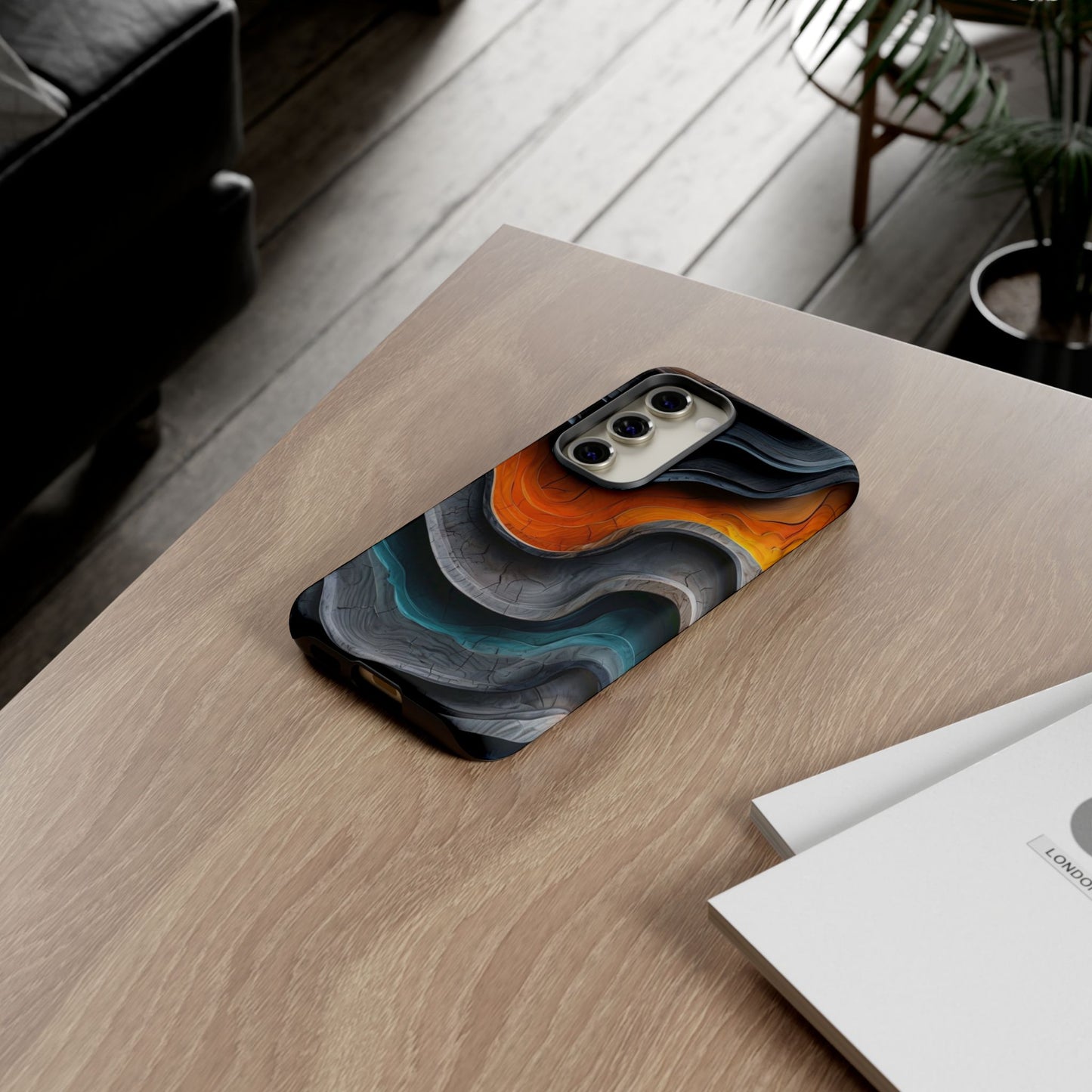 Phone Case Abstract Wave – Aesthetic Orange Teal Black Cover – Case Gift
