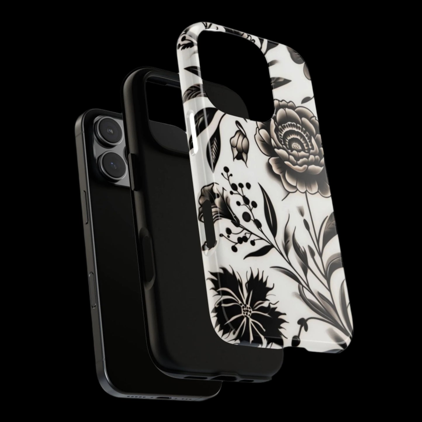 Phone Case Elegant Black and White Floral – Stylish Protection for iPhone 12/16 and Samsung 22/25