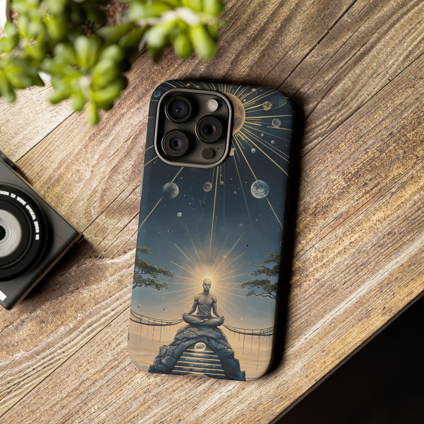 Phone Case Futuristic Meditating Figure in Cosmic Elements at Twilight – Sci-Fi Artwork