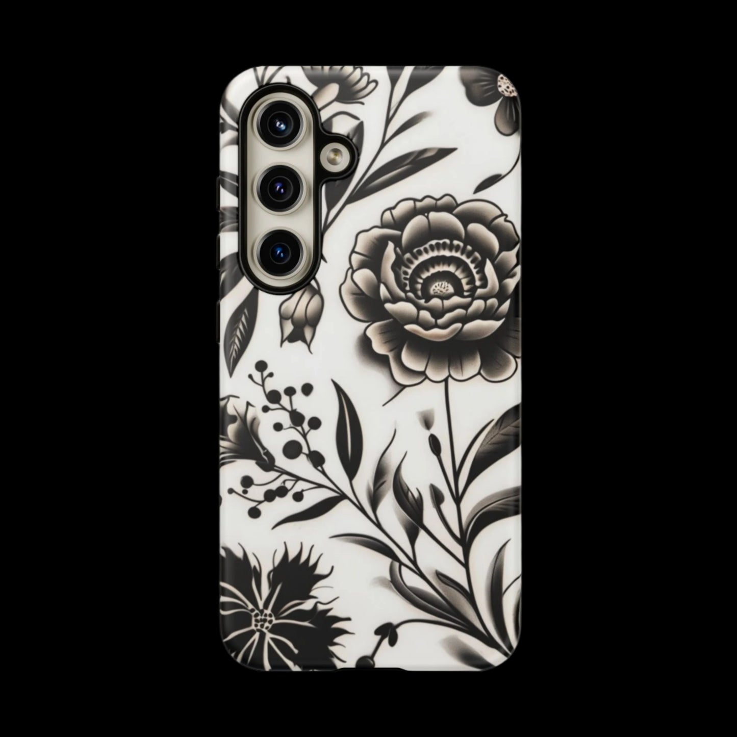 Phone Case Elegant Black and White Floral – Stylish Protection for iPhone 12/16 and Samsung 22/25