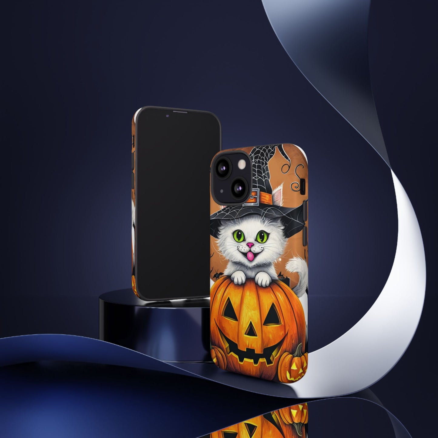 Halloween Cat Phone Case – Spooky Cute Cover with Witch Hat & Pumpkin Design