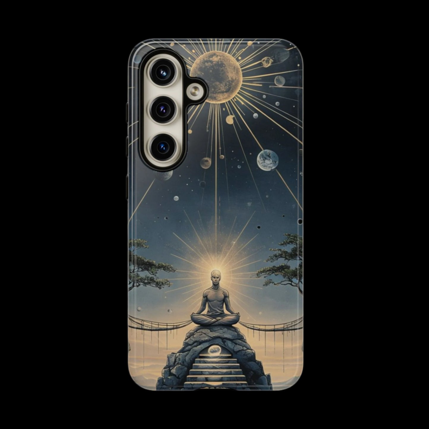 Phone Case Futuristic Meditating Figure in Cosmic Elements at Twilight – Sci-Fi Artwork