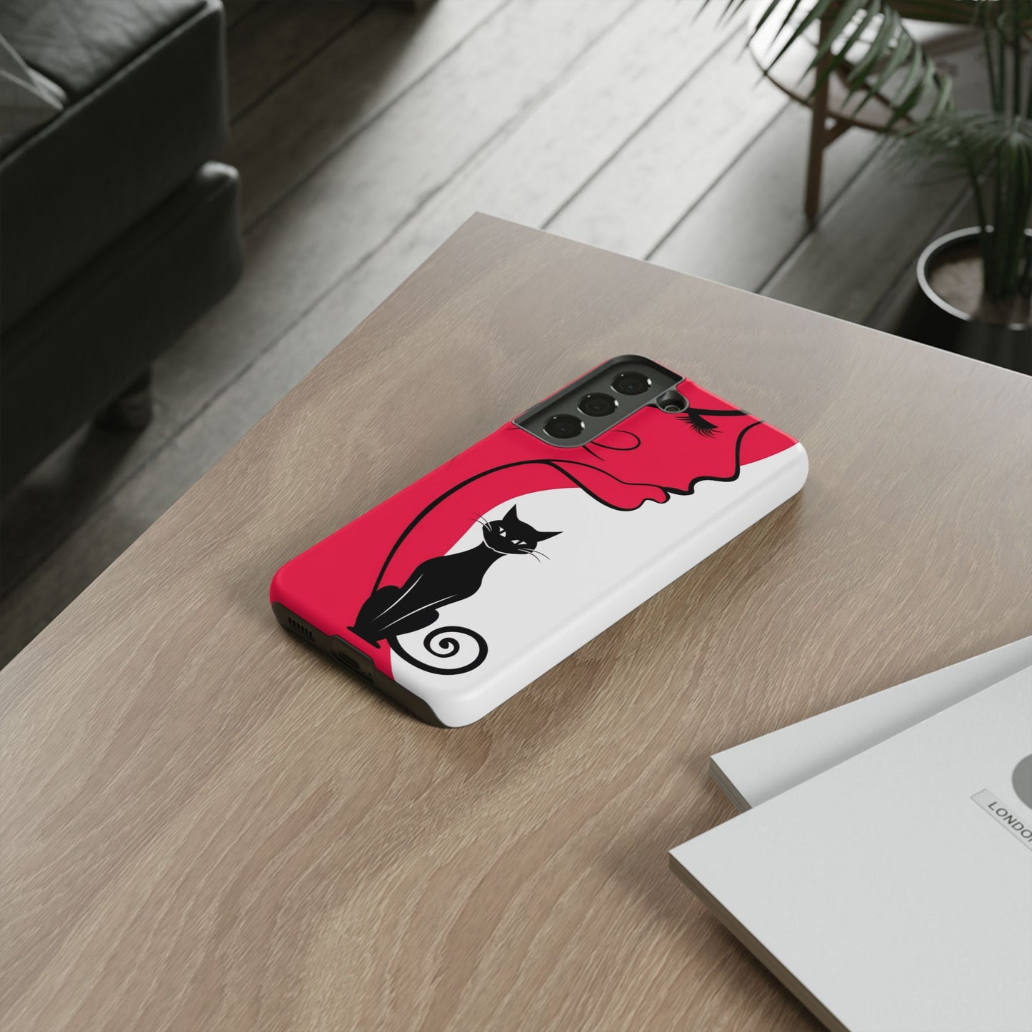 Phone Case with Artistic Woman & Black Cat Design – Stylish and Protective